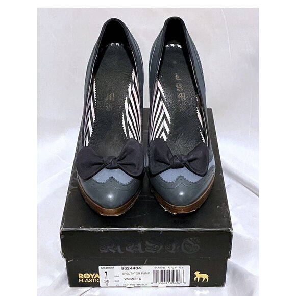 Y2K L.A.M.B. Navy Spectator Pump 7 Stacked Heel Bow Leather Oxford Twee Coquette - Picture 2 of 6